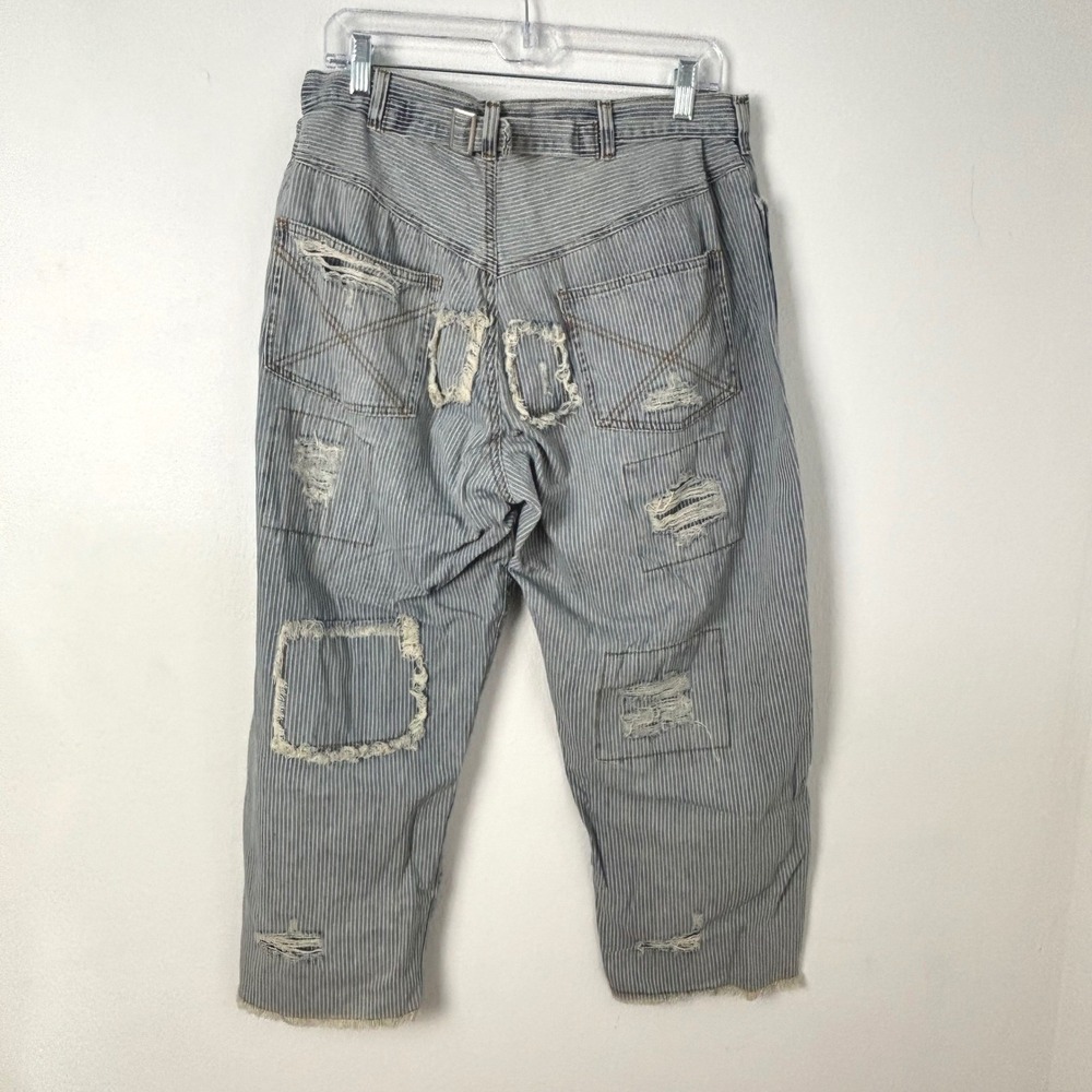 POL Hickory Stripe Distressed Patchwork Wide Leg Relaxed Grunge Denim Pants M - Picture 10 of 11